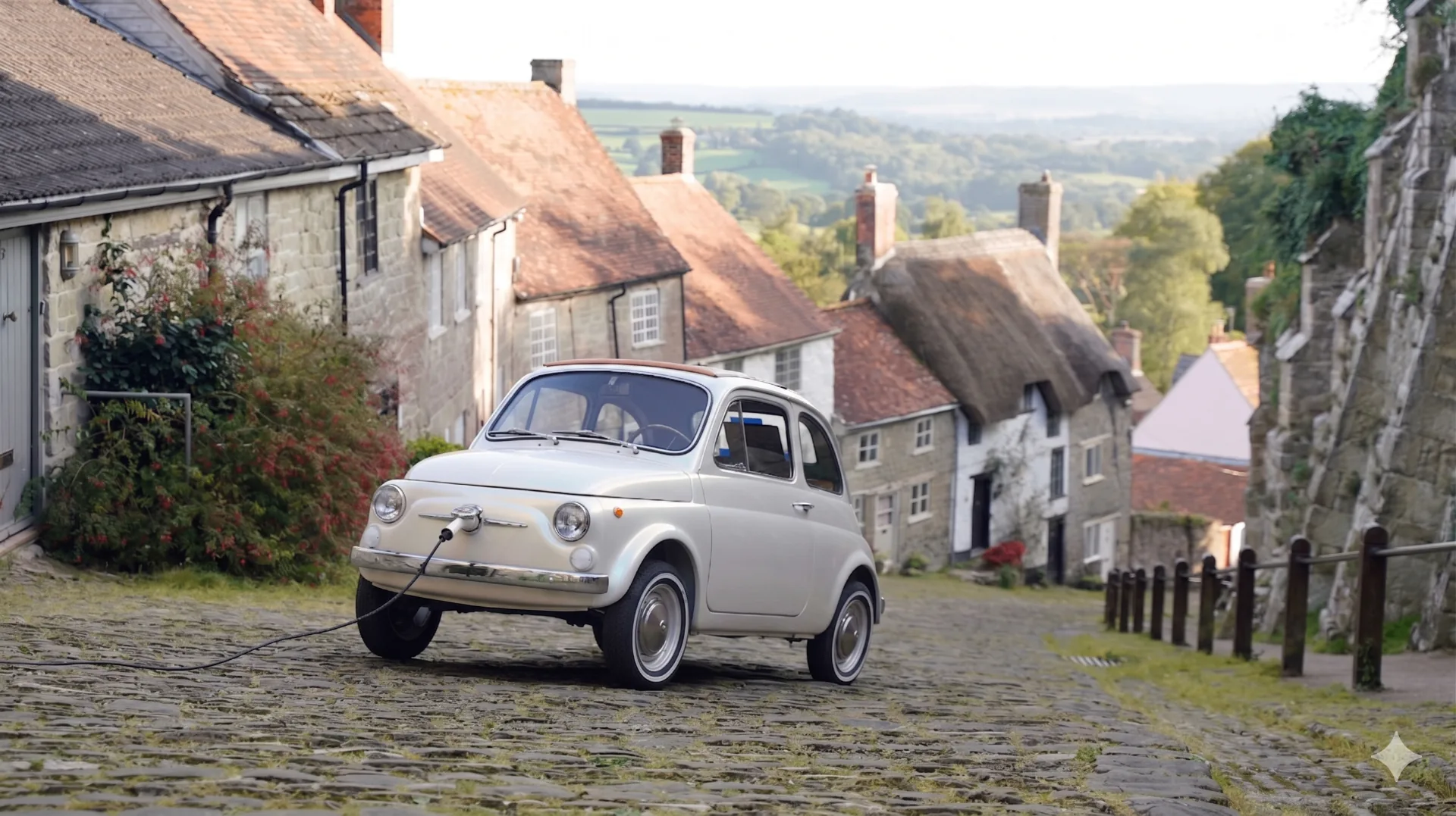 Voltura electric Fiat 500 charging on Gold Hill cobbles